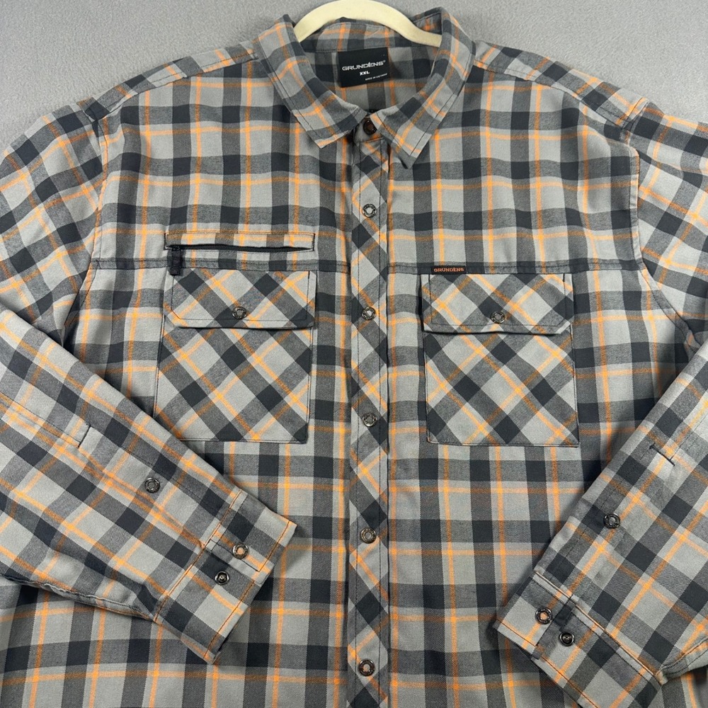 Grundens Mens XXL Plaid Snap Front Fishing Shirt Gray Orange Long Sleeve Pockets